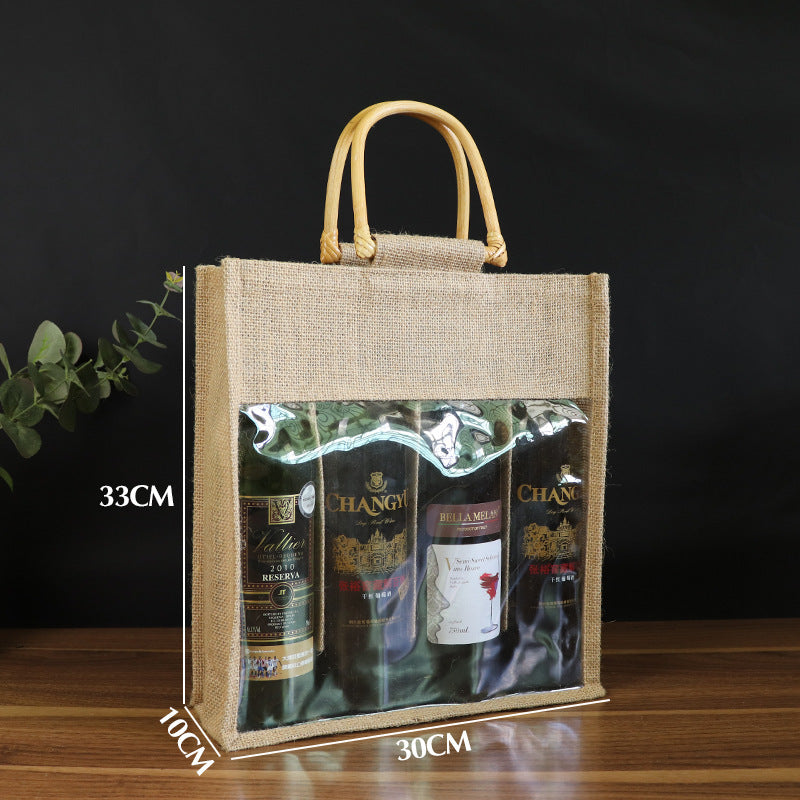 Bolsa de lino para vino tinto, bolsa para envasar vino, paquete de cuatro botellas, bolsa de vino de mano doble