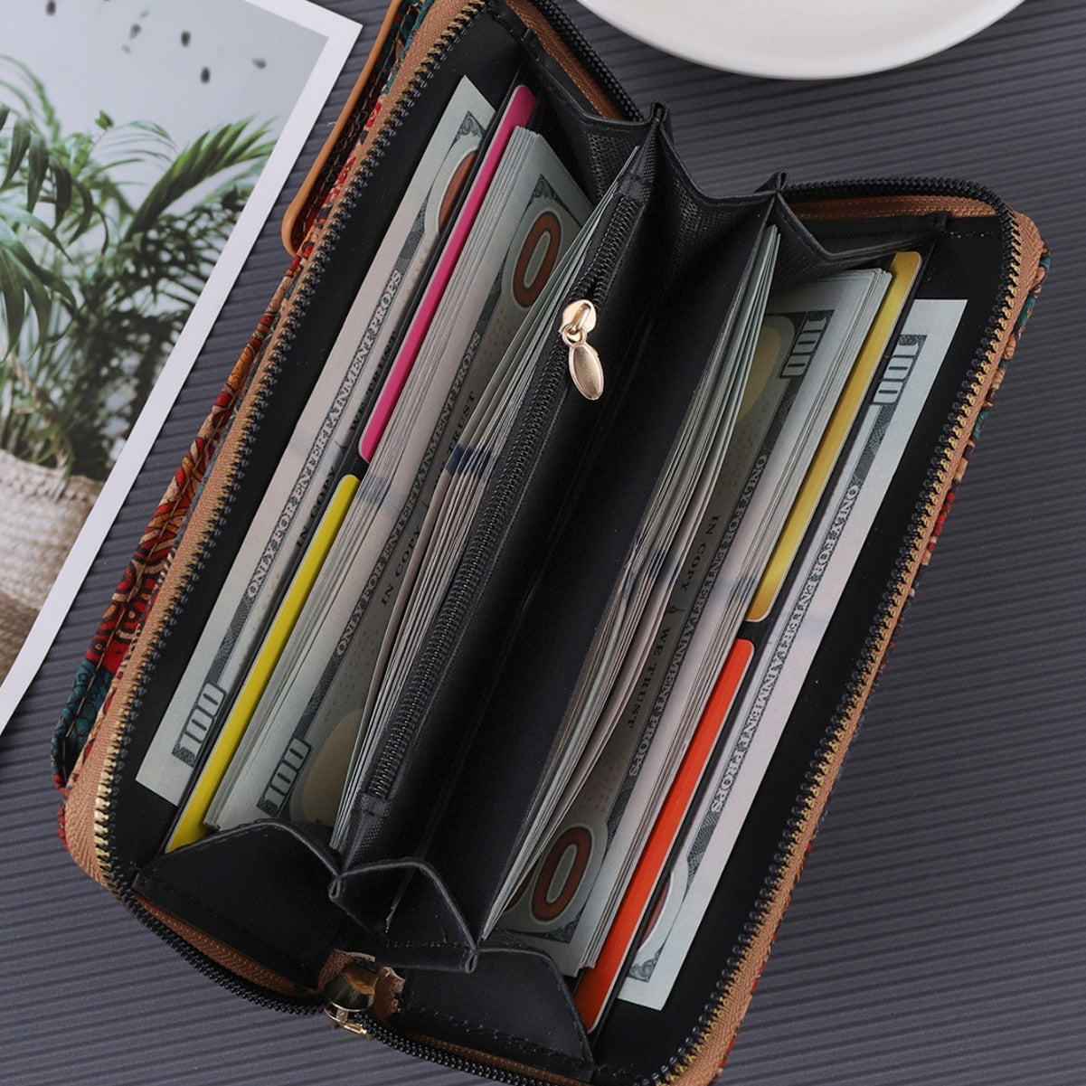 Retro Bohemian Wallet Multi-functional Large Capacity Wood Grain Mobile Phone Bag