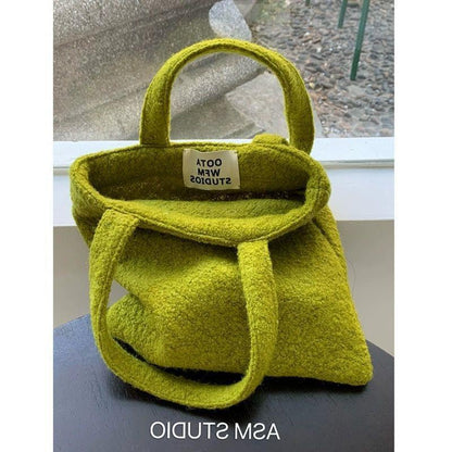 Mustard Green Wool Material Woven Handbag