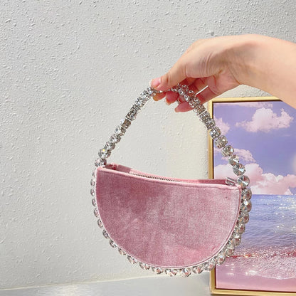 Bolso de mano vintage de terciopelo con diamantes de imitación y forma de semicírculo