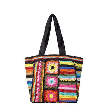 Bolso de lana tejido con flores vintage para mujer, estilo étnico, hecho a mano con crochet