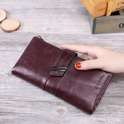 Oil Wax Leather Double Zipper Coin Purse Women's Long Clutch