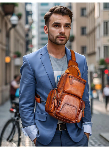 Petit sac de poitrine décontracté en cuir de vachette pour homme