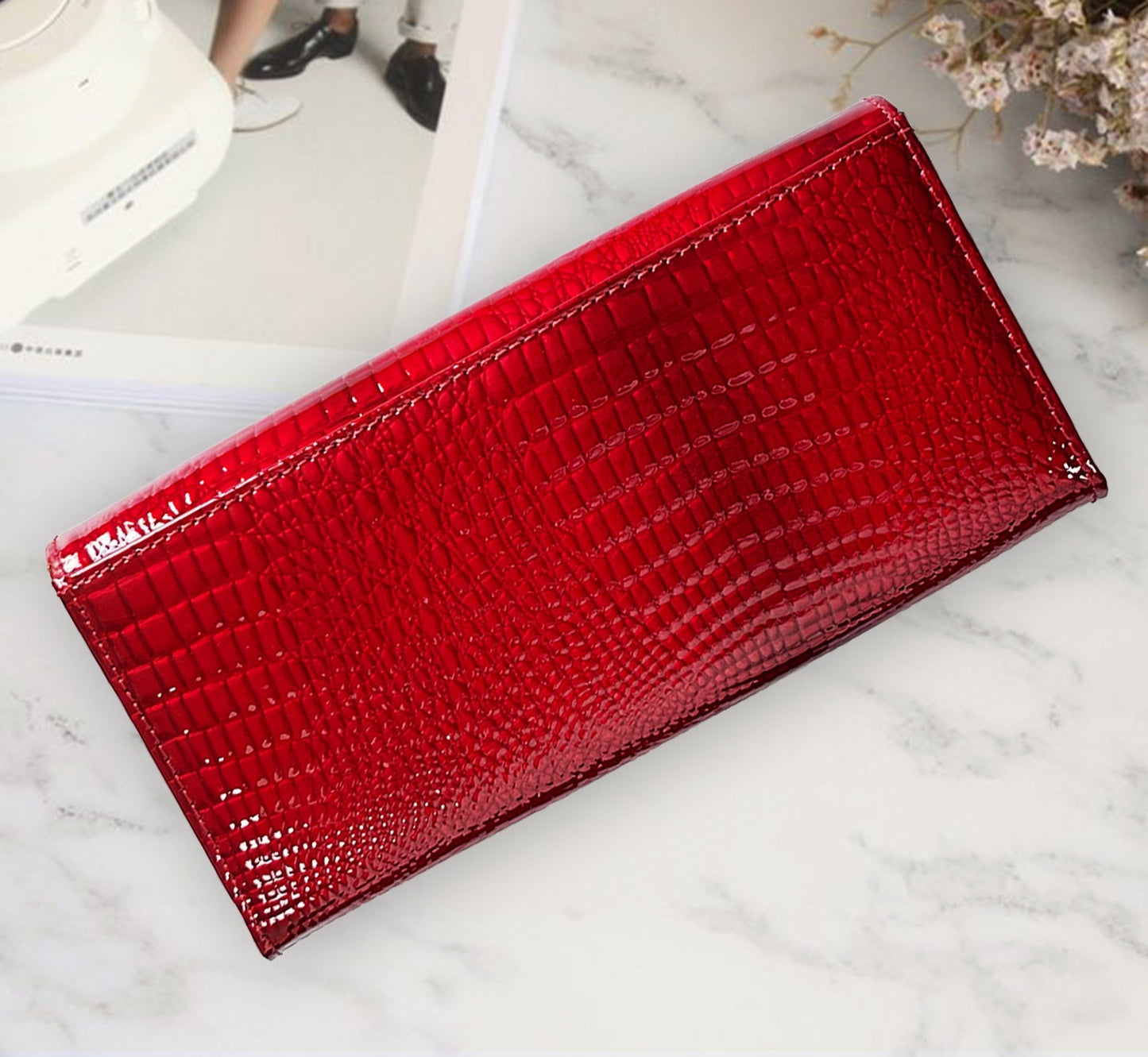 Portefeuille pour femme en cuir verni motif crocodile Pochette à fermeture rouge de haute qualité