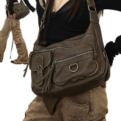 Retro Hot Girl Style Motorcycle Bag Brown Multi-pocket