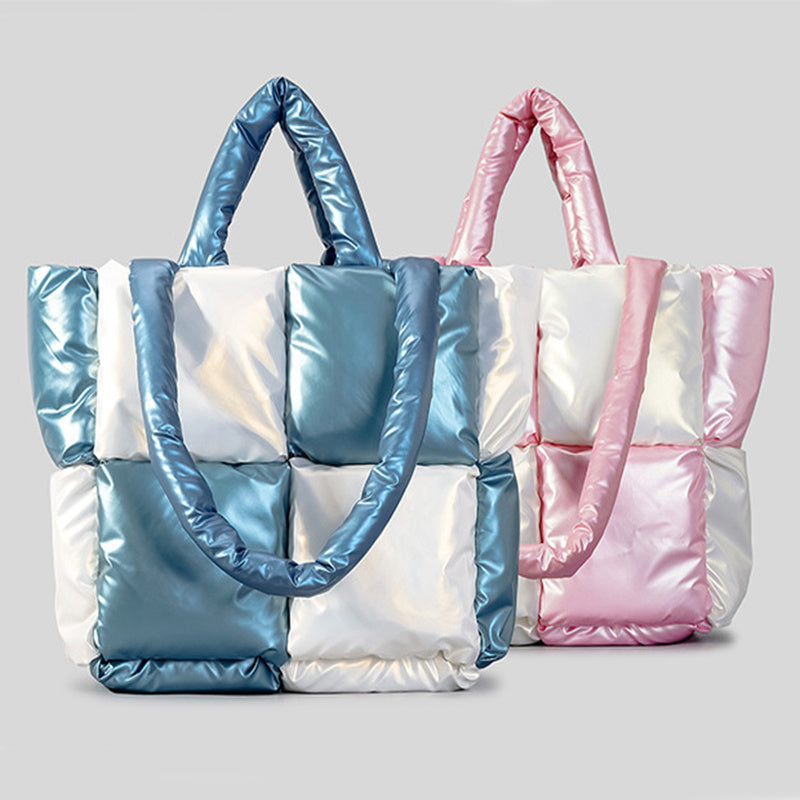 Bolsos de mano para mujer, de invierno, con colores a juego, de plumón de algodón acolchado, bolso de mano, bolsos de hombro a cuadros suaves