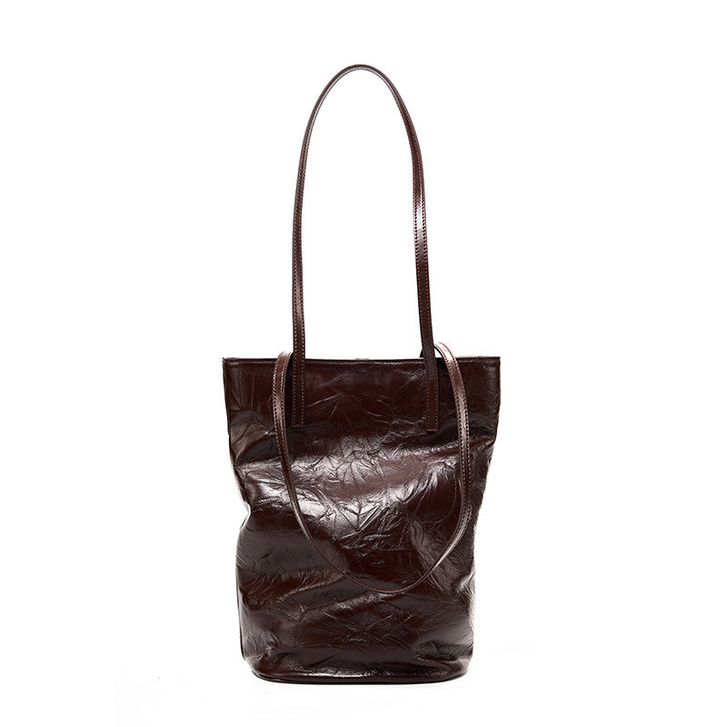 First Layer Pleated Cowhide Lazy Bucket Bag