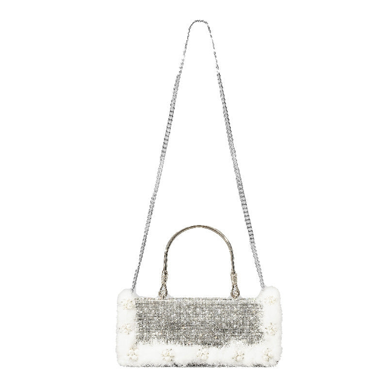 Sac en fourrure d'autruche avec perles et strass pour femme