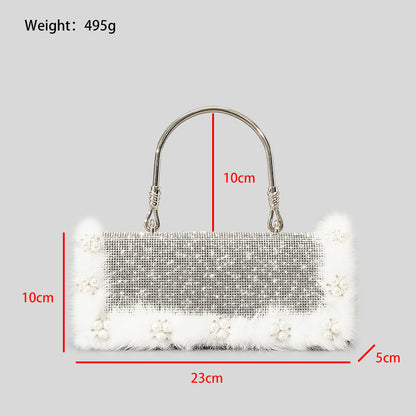 Sac en fourrure d'autruche avec perles et strass pour femme