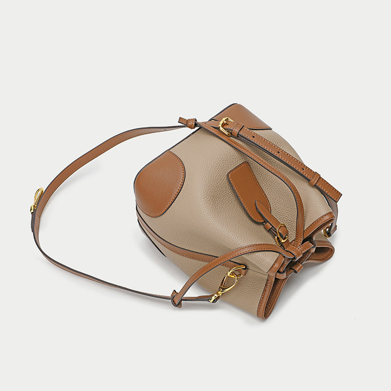 Sac seau à cordon de serrage en cuir de vachette première couche pour femme Sac en cuir souple