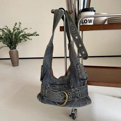 Sac à bandoulière en denim délavé vintage au design spécial