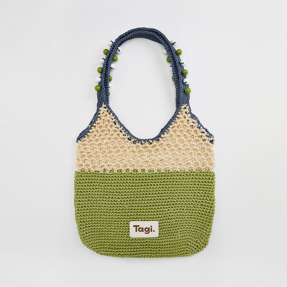 Handmade String Wooden Bead Portable Commuter's All-matching Contrast Color One Shoulder Woven Bag