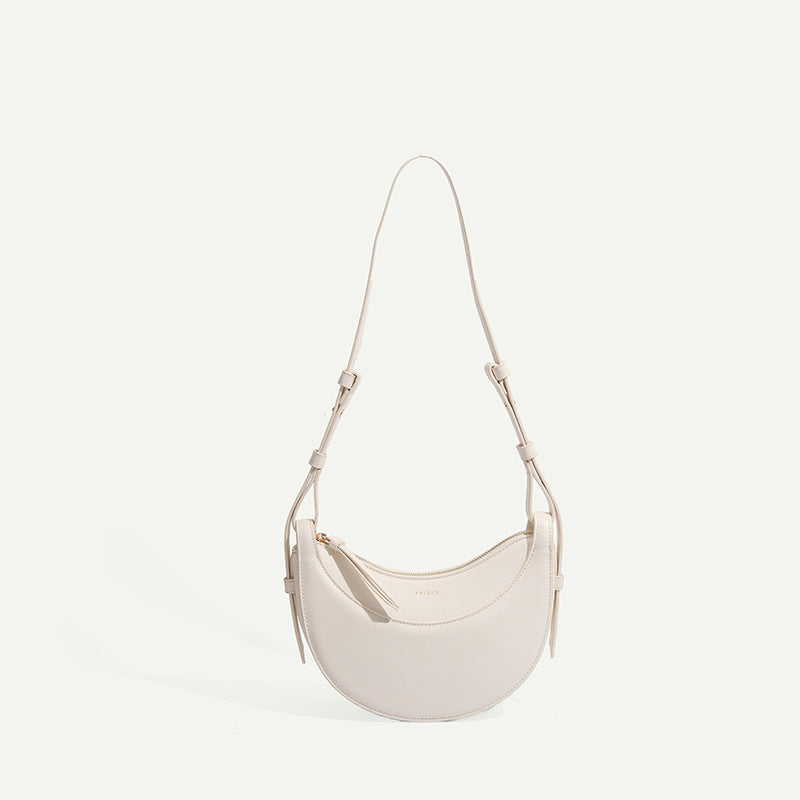 Sac à bandoulière en cuir véritable pour femme avec motif litchi et croissant