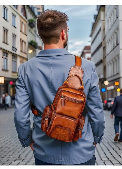 Petit sac de poitrine décontracté en cuir de vachette pour homme