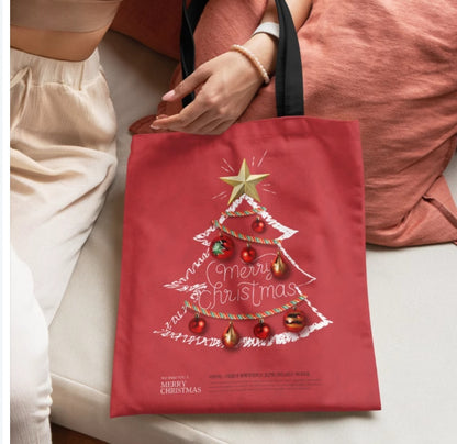 Red Background Christmas Pine Tree Fashionable Zipper Cloth Bag