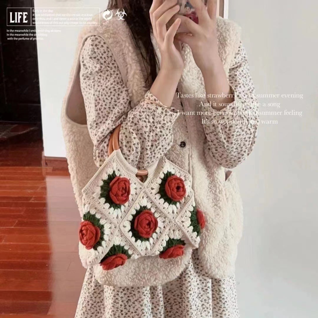 Rose Handbag Woven Material Handmade Wool Crocheted Handle