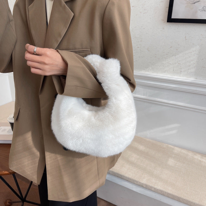 Sac fourre-tout en peluche à porter à la main, sac à bandoulière simple de couleur unie