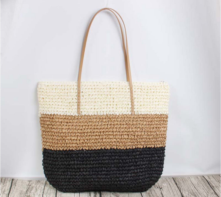 Sac en paille à rayures pour femmes avec contraste de couleurs tendance