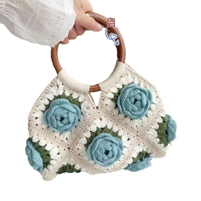 Rose Handbag Woven Material Handmade Wool Crocheted Handle