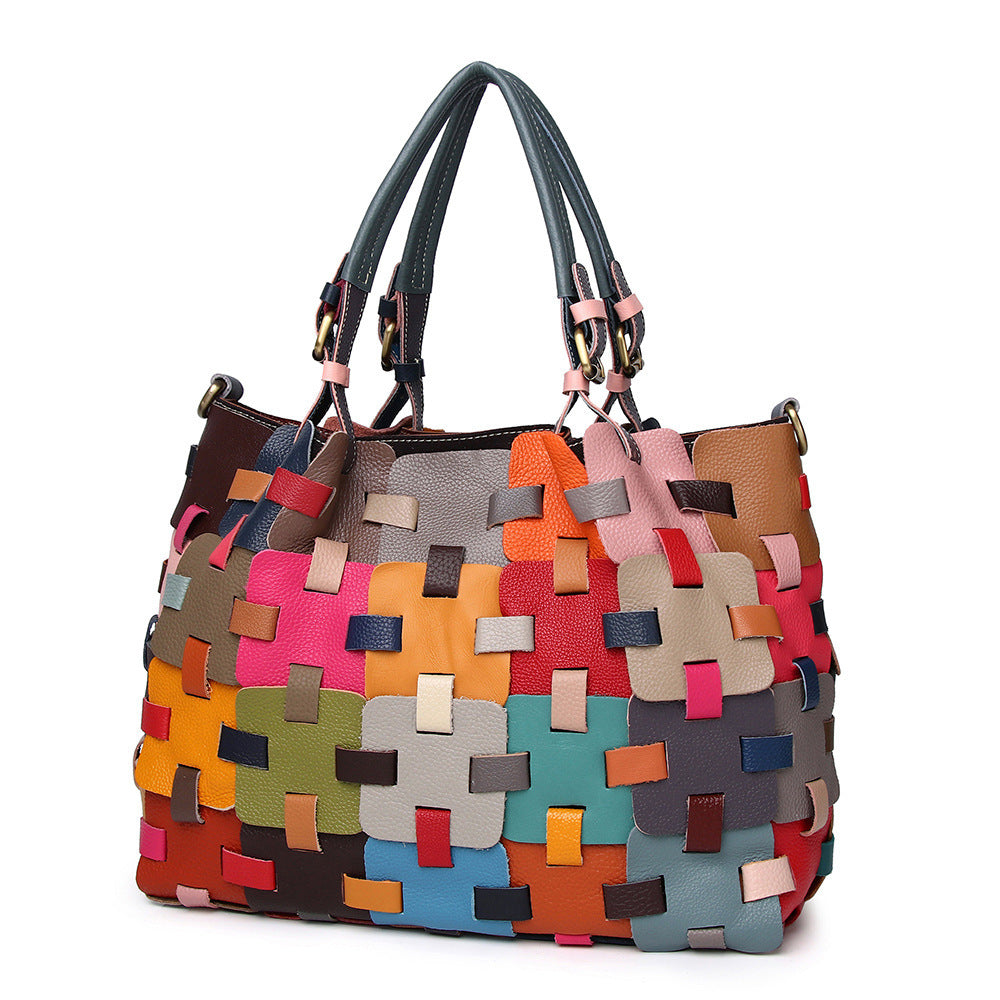 Sac à main en cuir de vachette première couche avec blocs multicolores