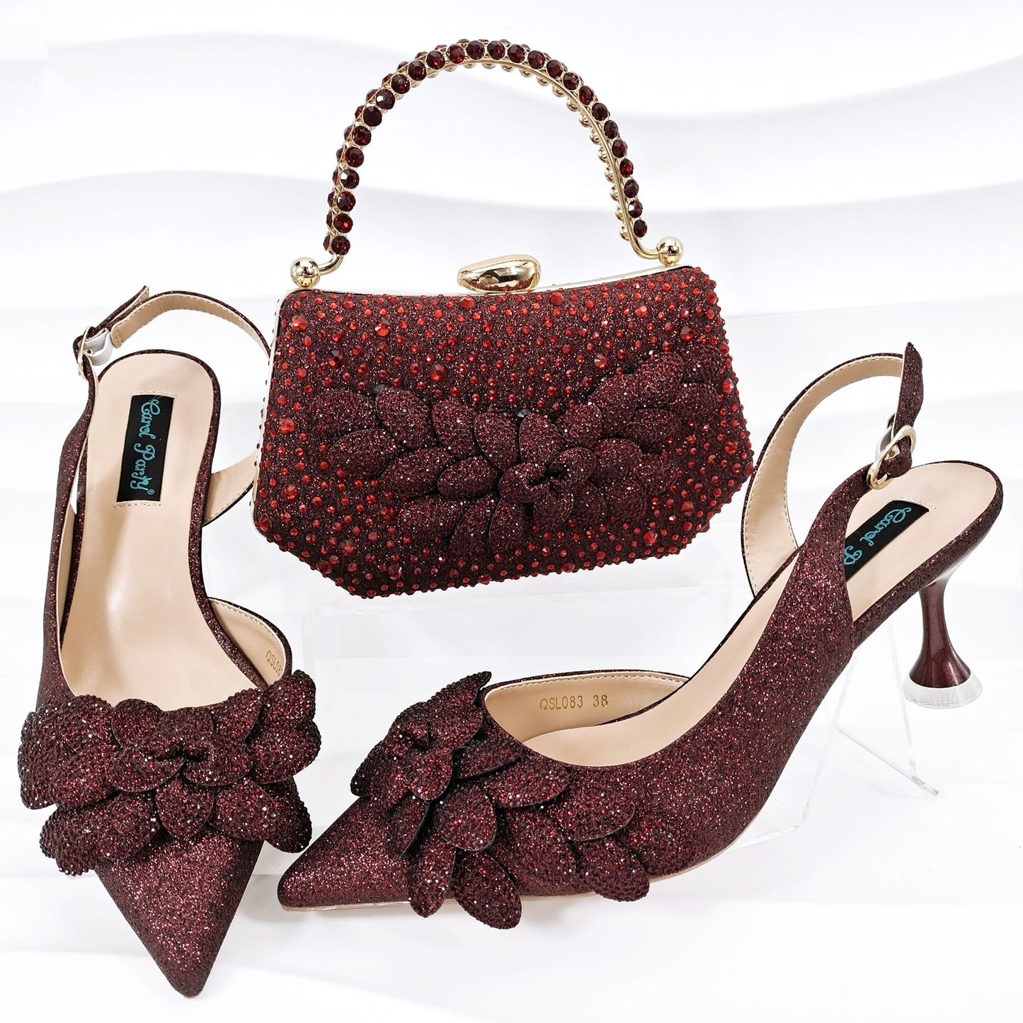 Conjunto de zapatos y bolsos de fiesta para damas transfronterizos hechos a mano con hojas decorativas y copas de vino