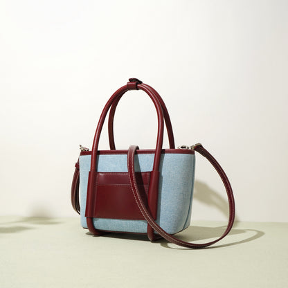 Top Layer Cowhide With Denim Cloth Vegetable Basket Bag Niche Splicing Single Shoulder Crossbody