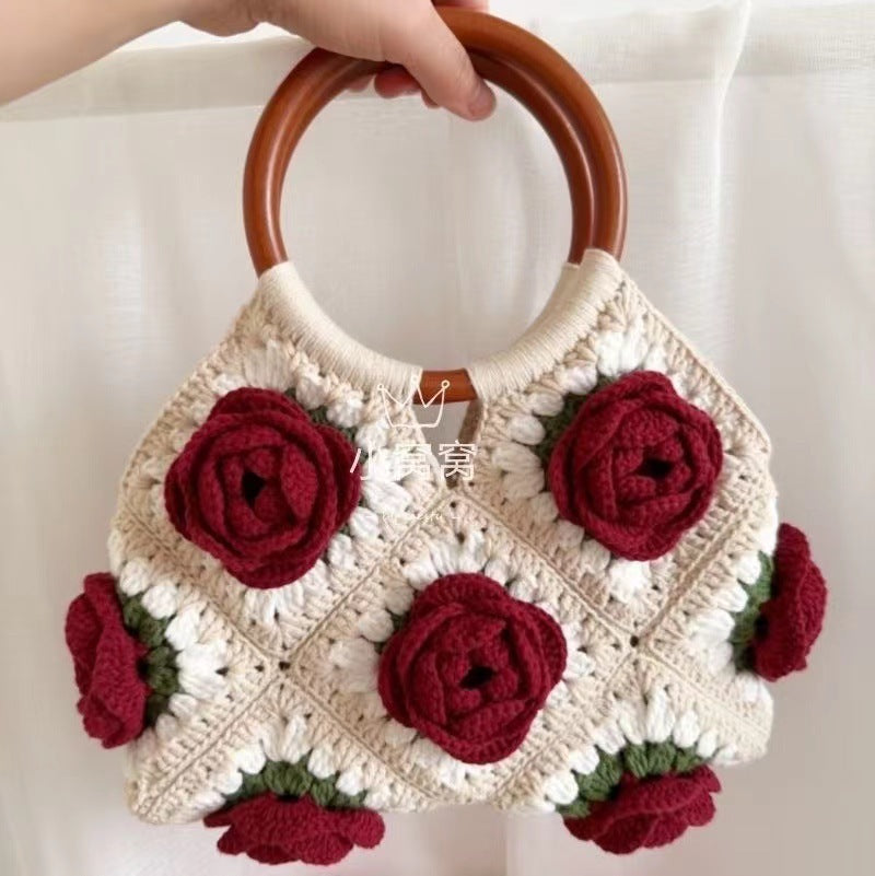 Rose Handbag Woven Material Handmade Wool Crocheted Handle