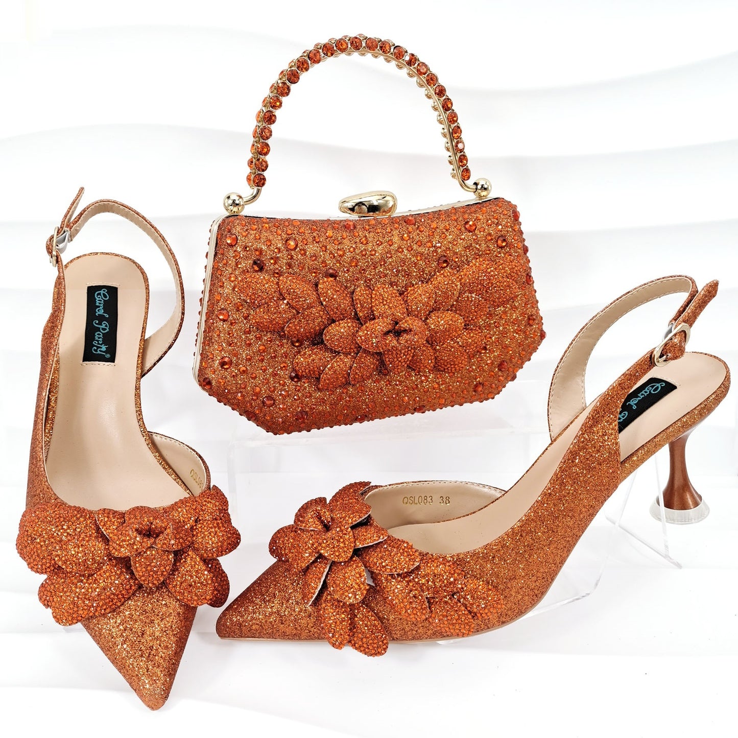 Conjunto de zapatos y bolsos de fiesta para damas transfronterizos hechos a mano con hojas decorativas y copas de vino