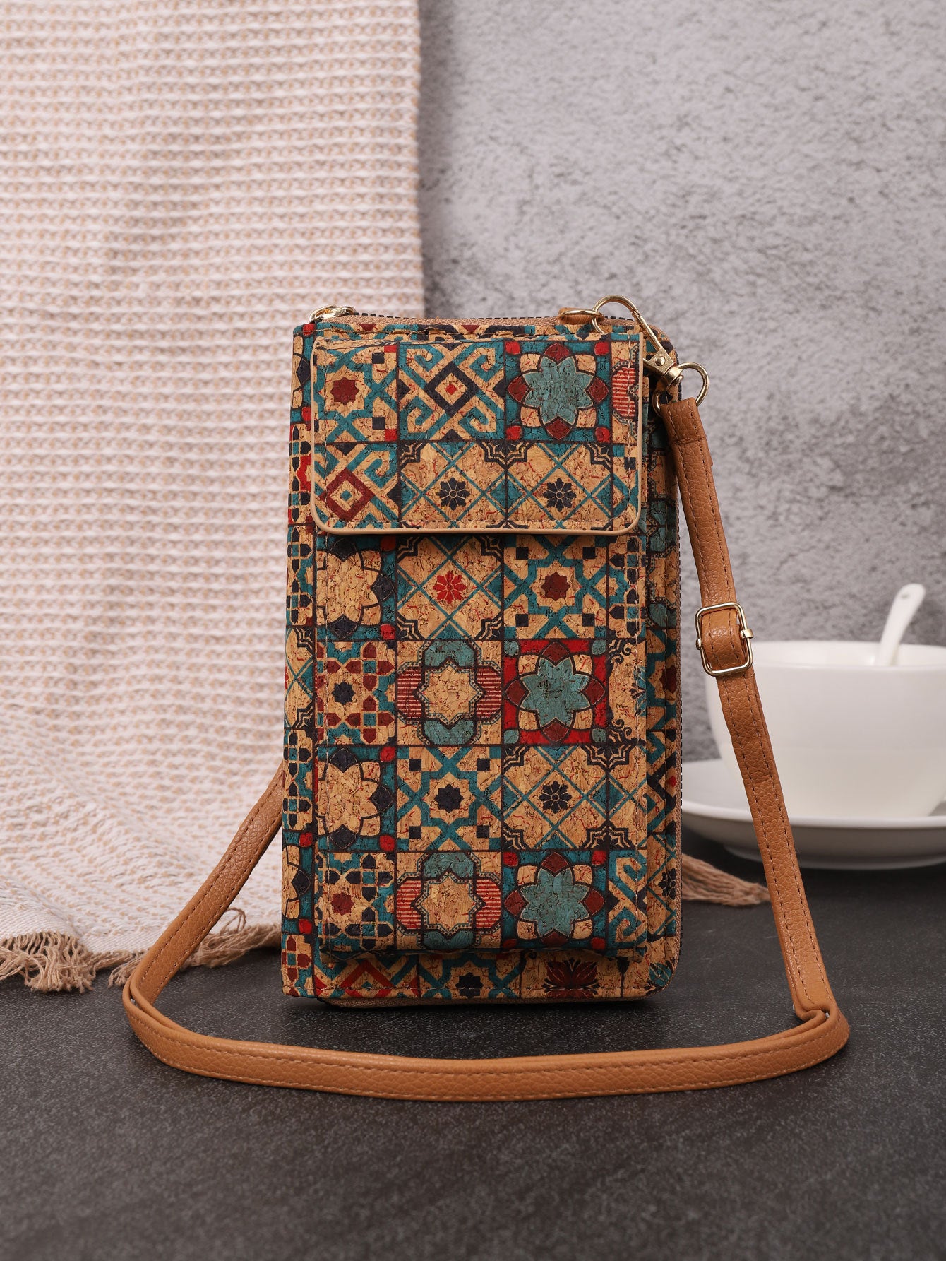 Retro Bohemian Wallet Multi-functional Large Capacity Wood Grain Mobile Phone Bag