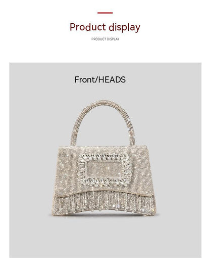 Sac fourre-tout à strass avec boucle carrée pour femme, sac à main à rabat avec pompon et strass