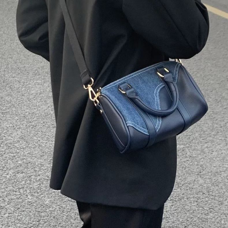 Sac Boston en cuir patchwork denim rétro