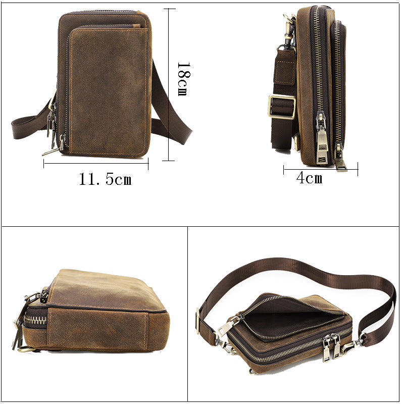 Bolso bandolera de piel de vaca estilo retro informal de caballo loco para hombre, pequeño, de un solo hombro, para teléfono