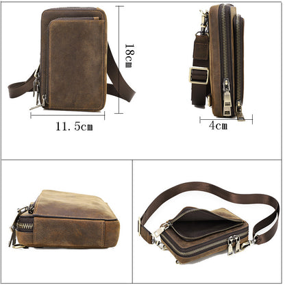 Bolso bandolera de piel de vaca estilo retro informal de caballo loco para hombre, pequeño, de un solo hombro, para teléfono