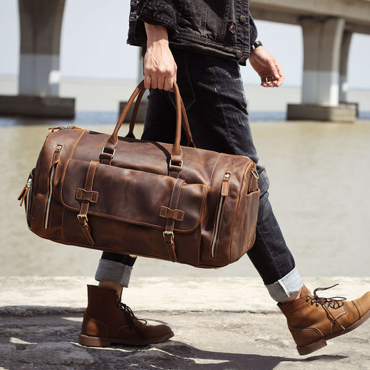 Sac à main rétro en cuir véritable pour homme, très grande capacité, première couche en cuir de vache