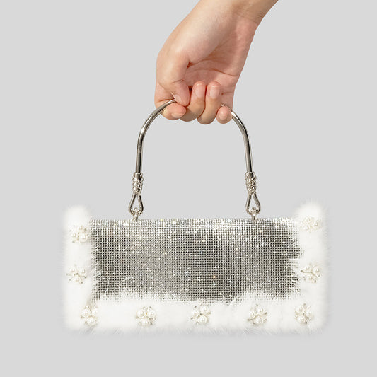 Sac en fourrure d'autruche avec perles et strass pour femme