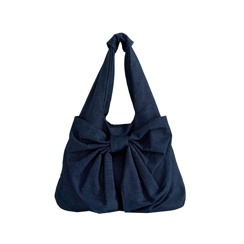 Large Capacity Bow Shoulder Underarm Tote Bag Washed Denim Canvas Bag