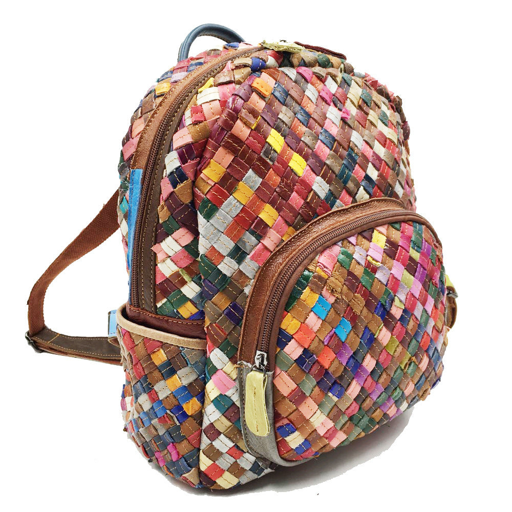 Sac à dos tissé à la main en cuir de vachette coloré avec coutures pour femme