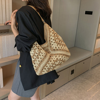 Sac à bandoulière en paille tissé à la main pour femme, couleur contrastée creuse